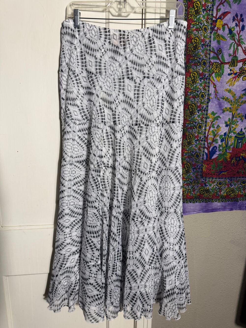 Ruby Rd Women's Size 10 Black White Printed Tiered Maxi Skirt Lined Boho Pull On